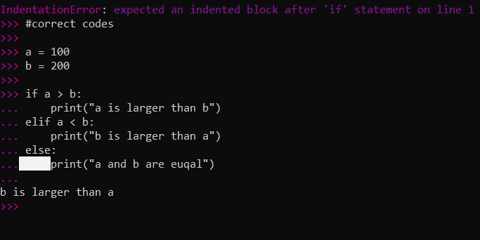 Python code with proper indentation following an if statement, resolving the IndentationError