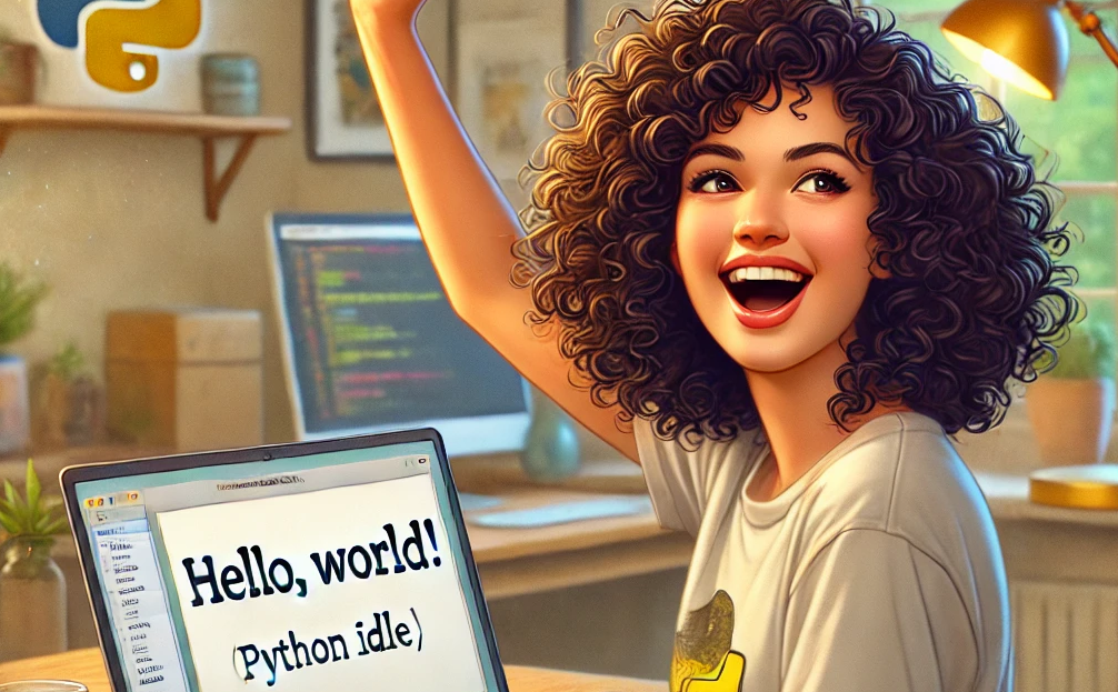 happy young woman celebrating after successfully running her first Python program, 'Hello, World!', on a laptop in a cozy workspace