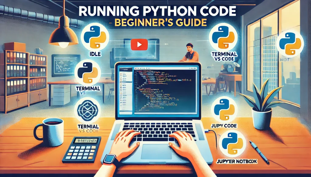 showing a laptop screen with Python code and floating icons of IDLE, Terminal, VS Code, and Jupyter Notebook, with a programmer working in a modern workspace