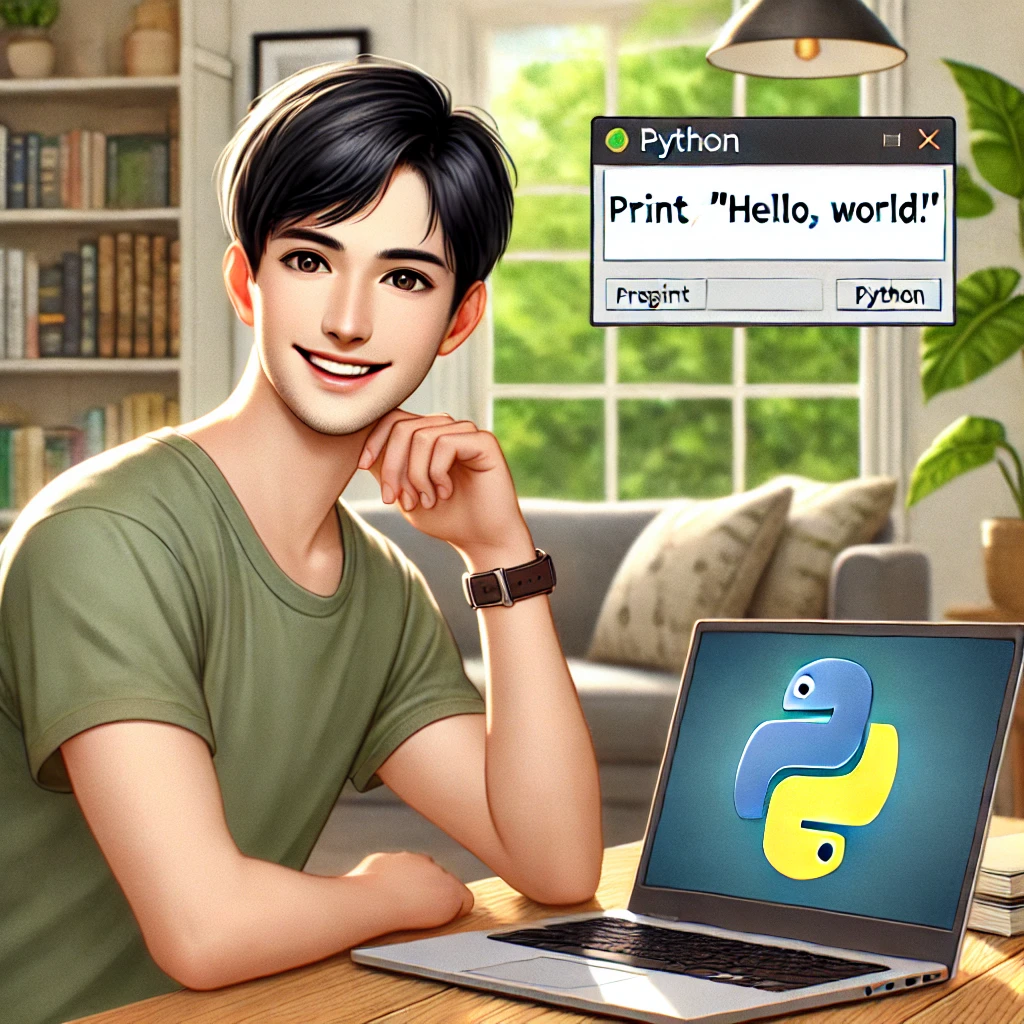 happy young man sitting at a desk with a laptop displaying the Python program 'print("Hello, World!")' and its successful output, celebrating his first Python program