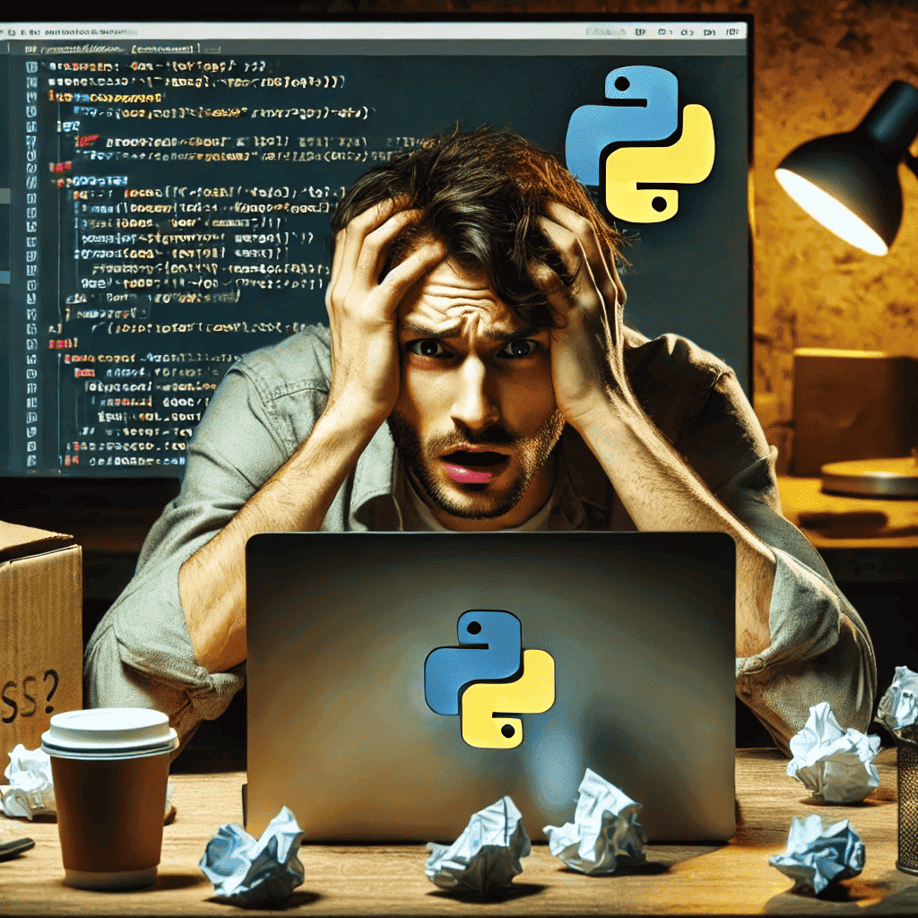 Frustrated programmer with hands on head, staring at a laptop screen stuck in an infinite loop while coding in Python