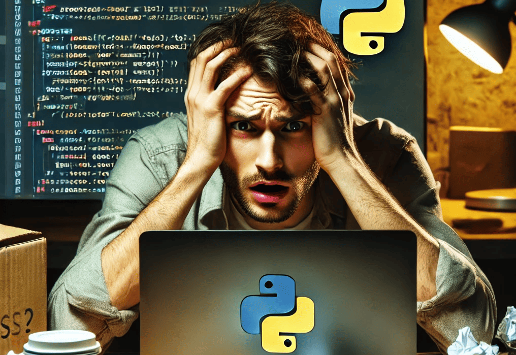 Frustrated programmer with hands on head, staring at a laptop screen stuck in an infinite loop while coding in Python.