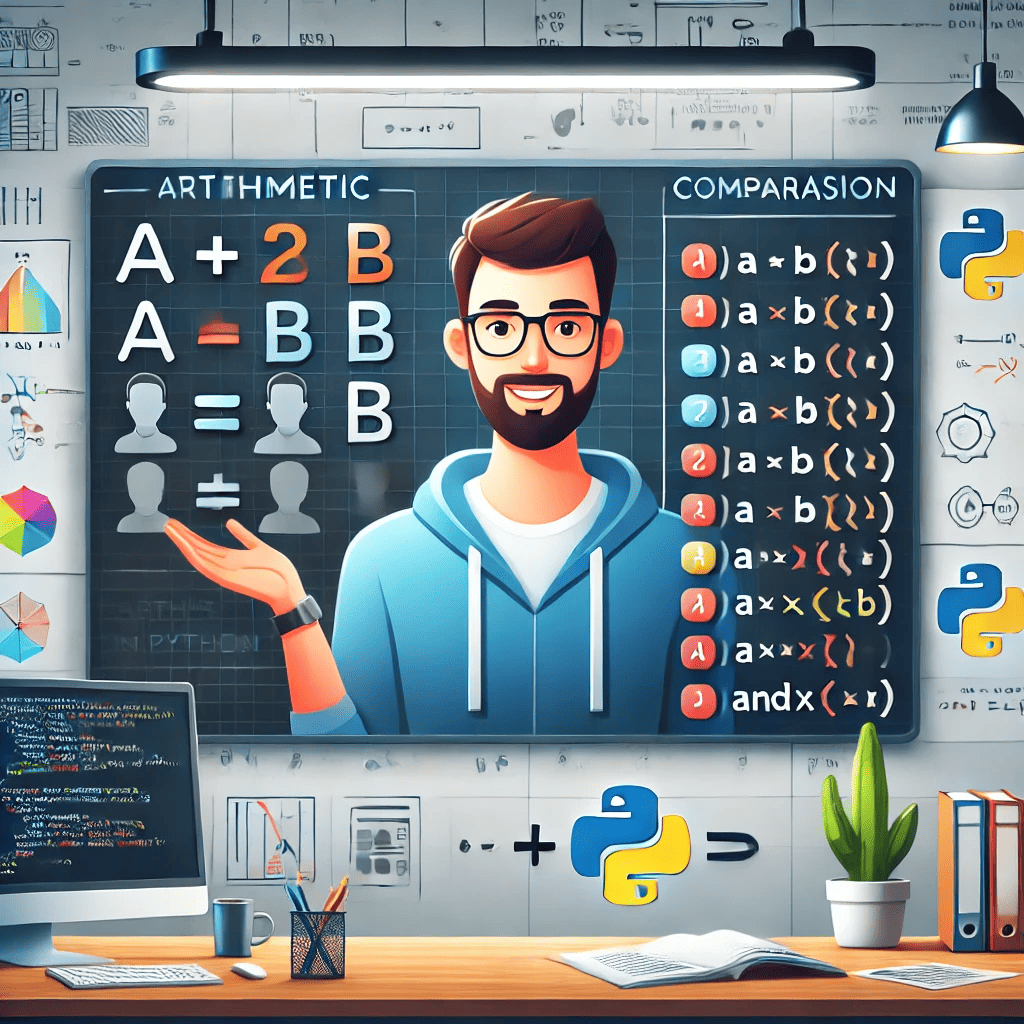 "Educational illustration about Python operators, including arithmetic, comparison, and logical examples, with a friendly teacher explaining in a tech-themed classroom