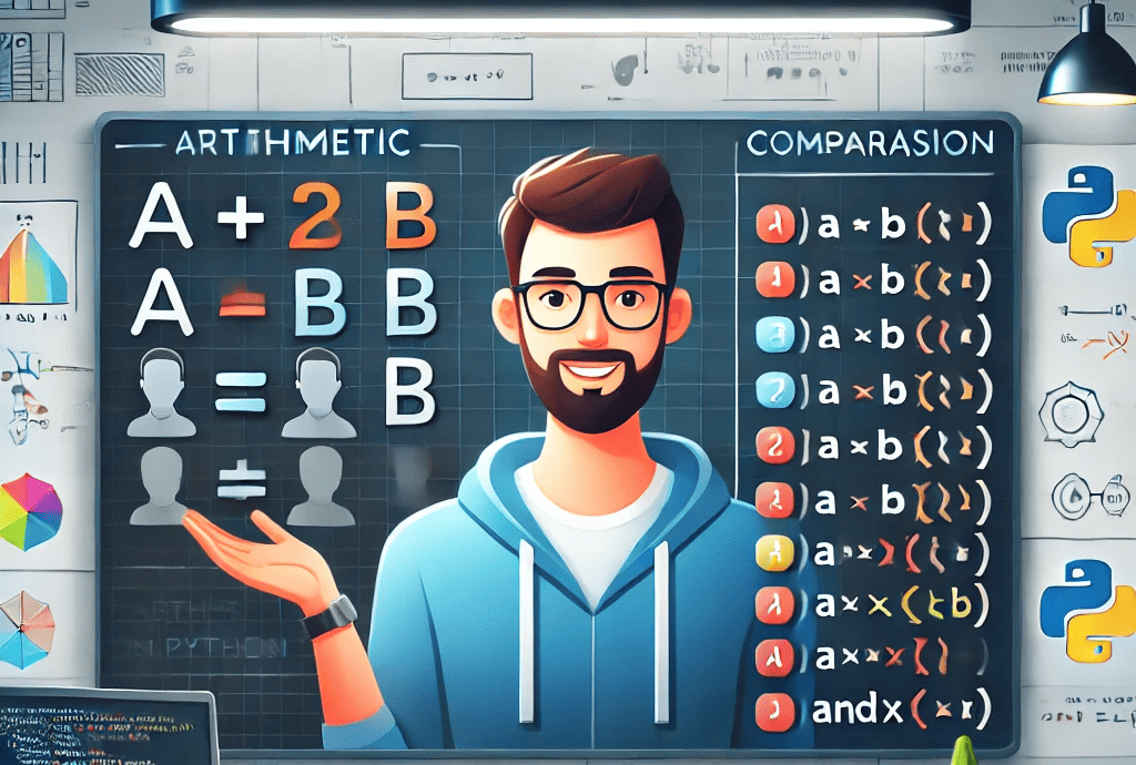 "Educational illustration about Python operators, including arithmetic, comparison, and logical examples, with a friendly teacher explaining in a tech-themed classroom