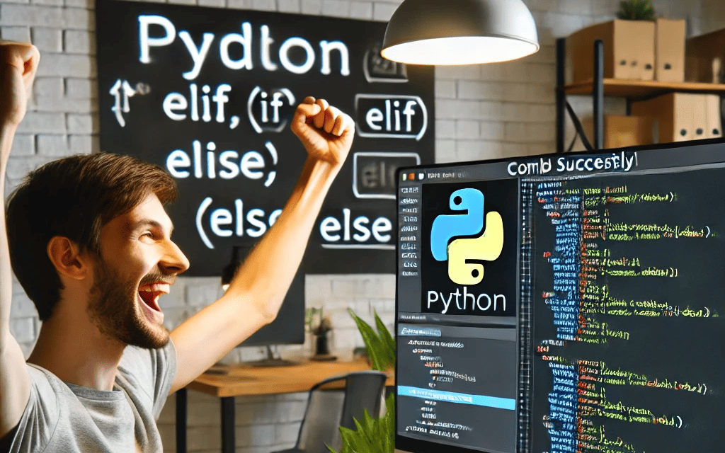 joyful programmer raising their hands in celebration after their Python program with if, elif, and else statements runs successfully on the screen in a modern coding workspace