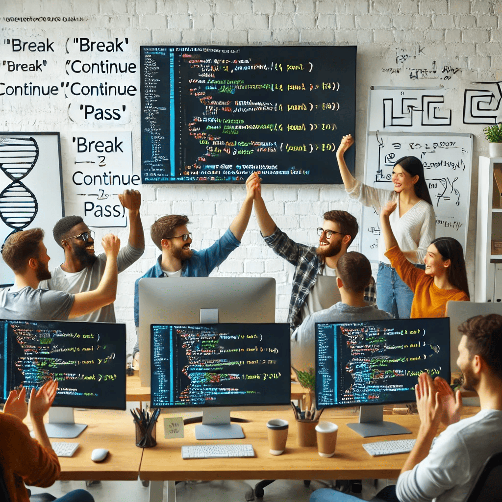Happy programmers celebrating after successfully solving a Python loop control problem with break, continue, and pass statements on their screens