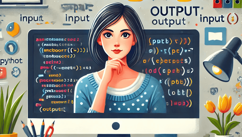 Illustration of a young woman at a desk coding in Python, with input() and output() functions displayed on the screen, surrounded by input and output-related icons.