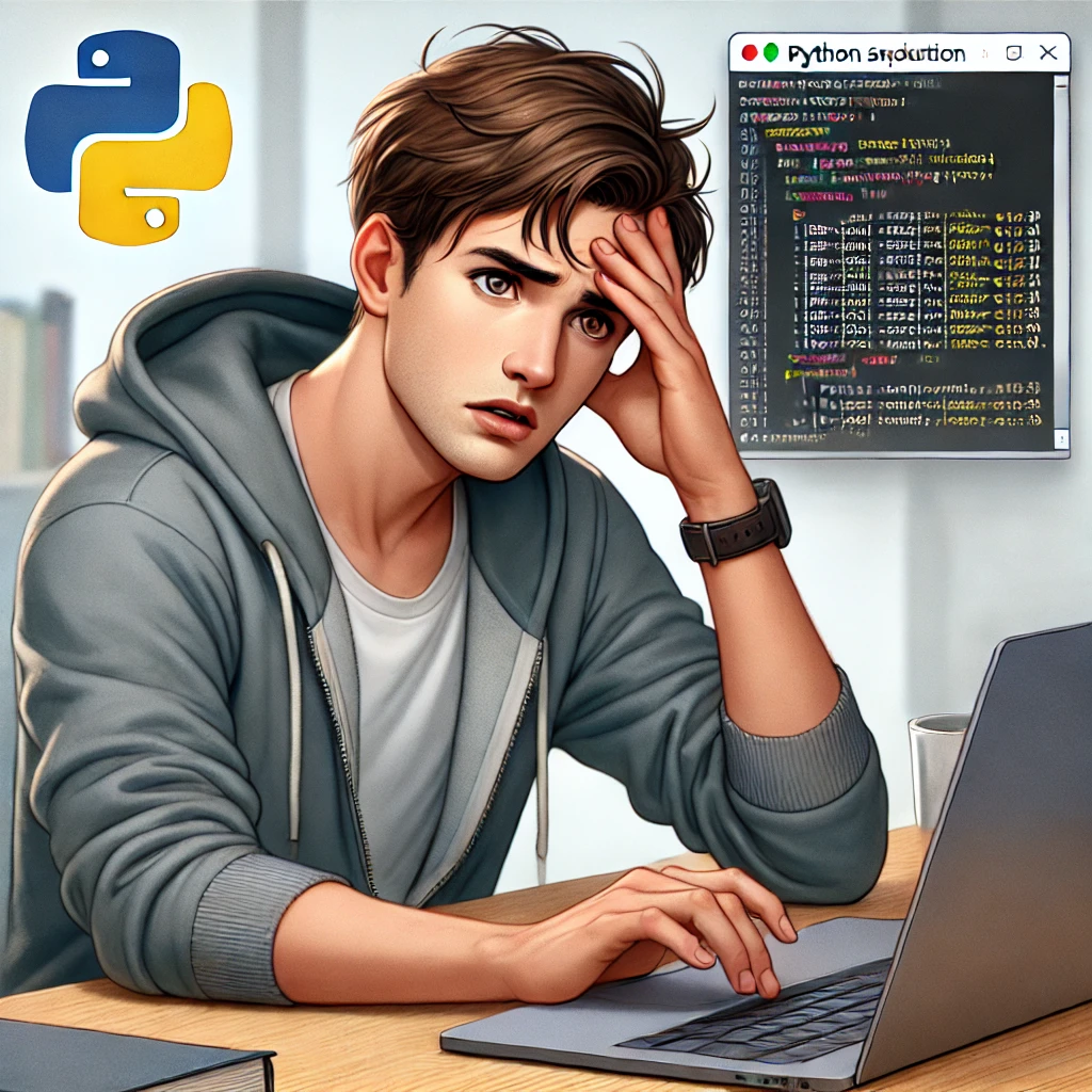 frustrated young man struggling with Python syntax and indentation errors on his laptop, with an error message displayed on the screen