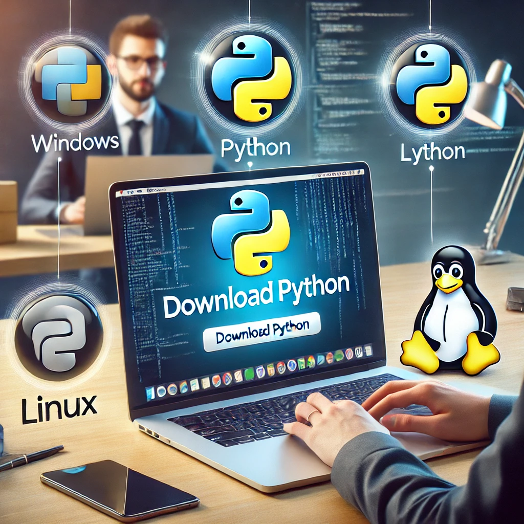 Laptop screen displaying the Python official website with the 'Download Python' button highlighted, surrounded by Windows, Mac, and Linux icons.