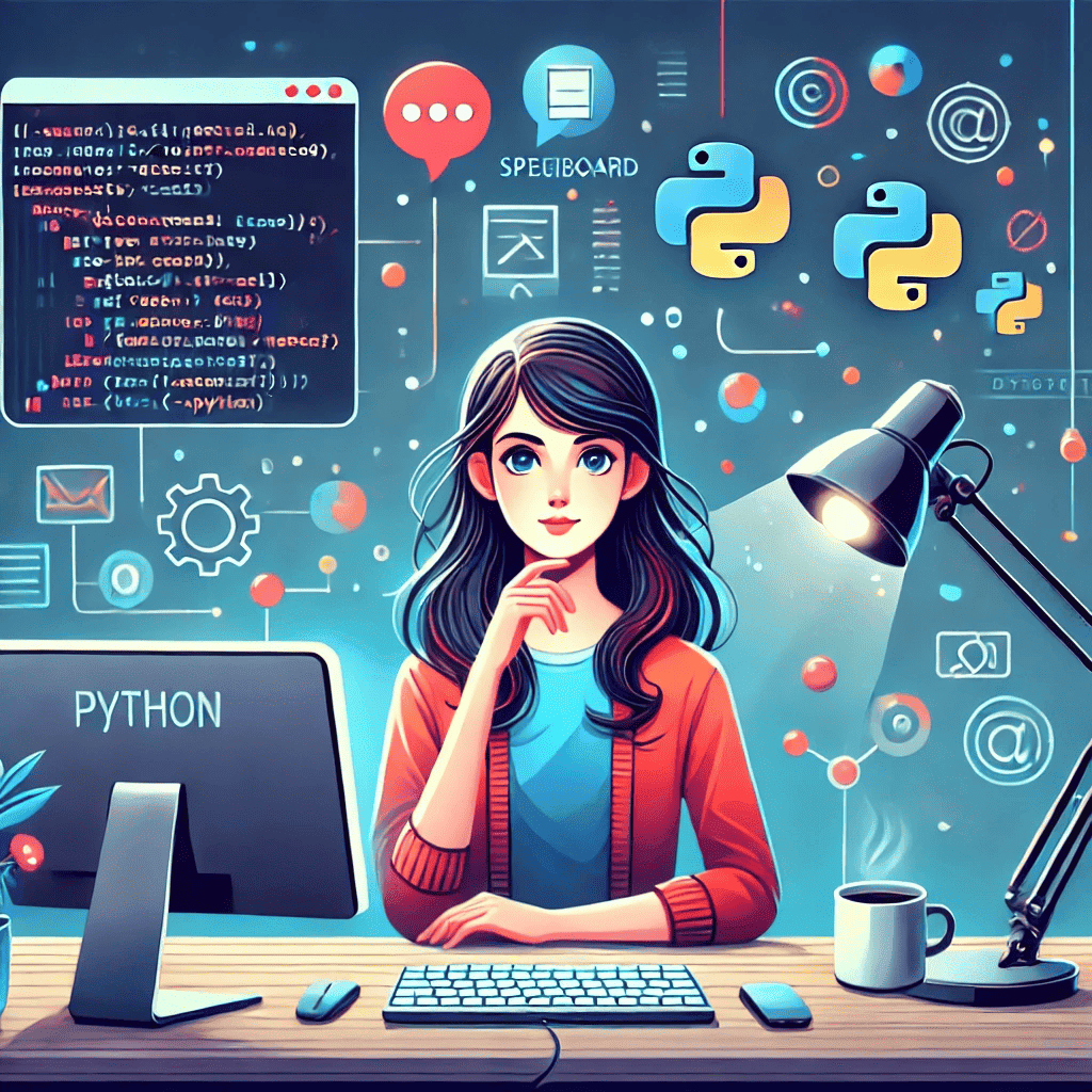 A programmer at her desk with Python code, focusing on input() and output() functions, surrounded by input and output icons